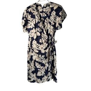 Dawn Joy Fashions Wrap Dress Womens 13-14 Floral Navy Beige Short Sleeve Vintage